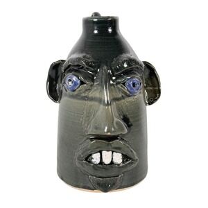 Johnny Lee Alabama Folk Art Face Jug Pottery Blue Eyes Braided Handle 2001 10in